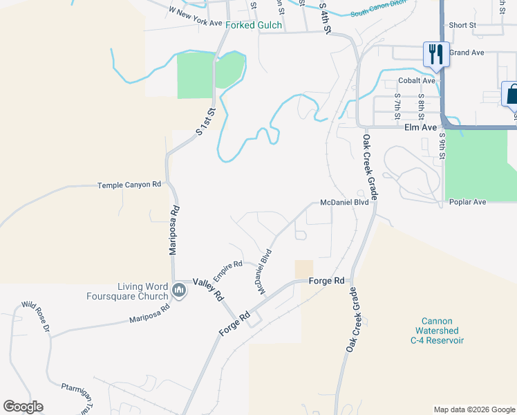 map of restaurants, bars, coffee shops, grocery stores, and more near Gold Canyon Rd in Cañon City