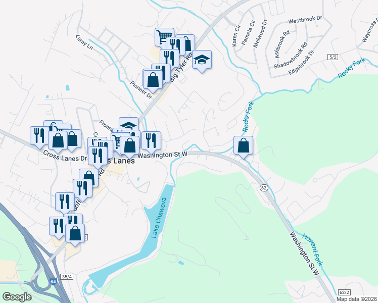 map of restaurants, bars, coffee shops, grocery stores, and more near 5098 Washington Street West in Cross Lanes