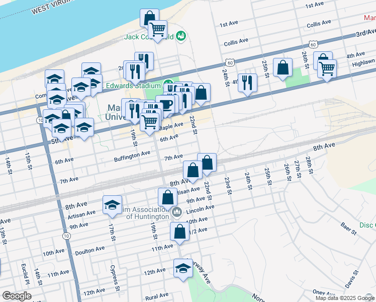 map of restaurants, bars, coffee shops, grocery stores, and more near 2104 7th Avenue in Huntington