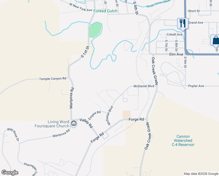 map of restaurants, bars, coffee shops, grocery stores, and more near Gold Canyon Rd in Cañon City