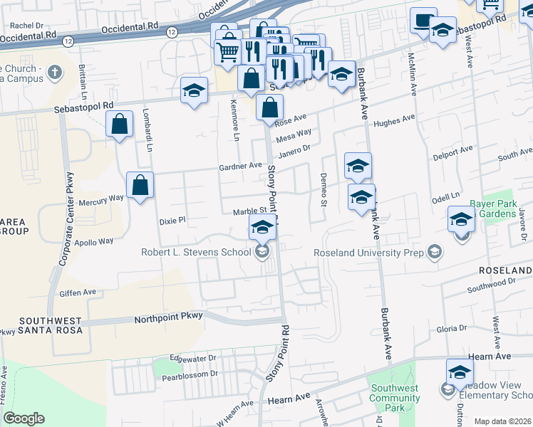 map of restaurants, bars, coffee shops, grocery stores, and more near in Santa Rosa