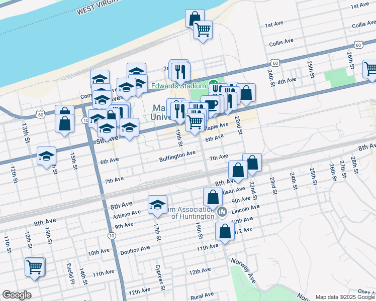 map of restaurants, bars, coffee shops, grocery stores, and more near 1902 Buffington Avenue in Huntington