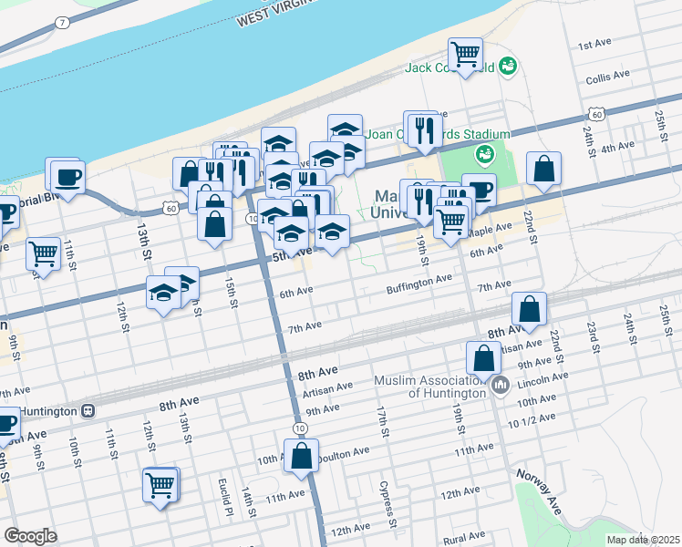 map of restaurants, bars, coffee shops, grocery stores, and more near 1682 6th Avenue in Huntington