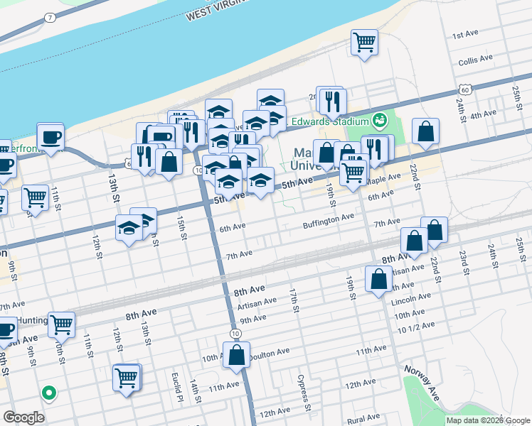 map of restaurants, bars, coffee shops, grocery stores, and more near 1682 6th Avenue in Huntington
