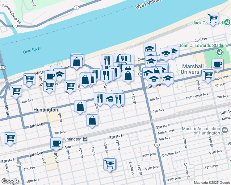 map of restaurants, bars, coffee shops, grocery stores, and more near 1326 5th Avenue in Huntington