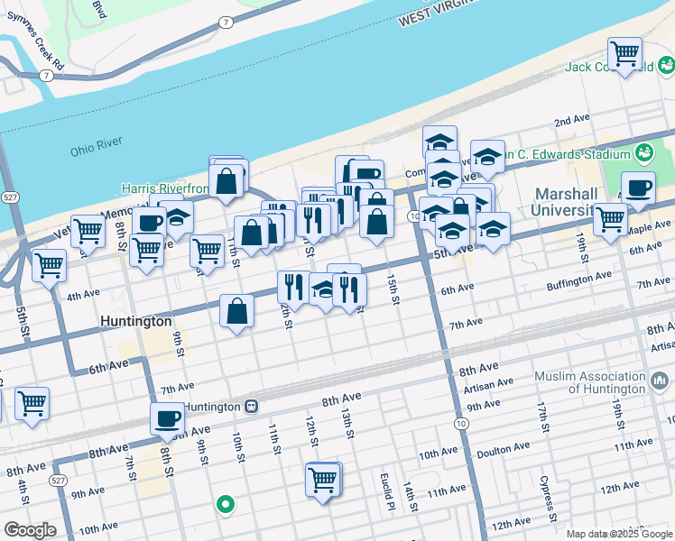 map of restaurants, bars, coffee shops, grocery stores, and more near 1326 5th Avenue in Huntington