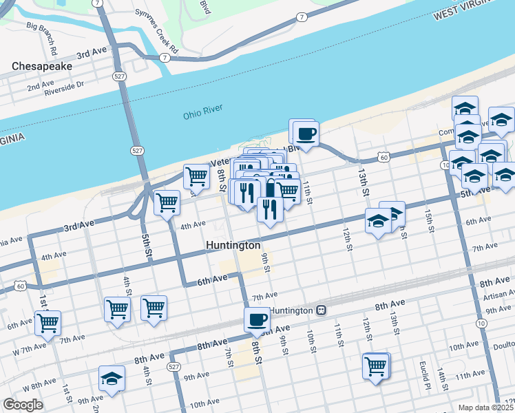 map of restaurants, bars, coffee shops, grocery stores, and more near 930 4th Avenue in Huntington