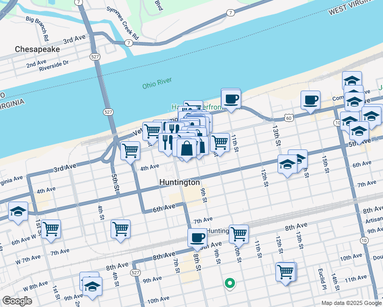 map of restaurants, bars, coffee shops, grocery stores, and more near 844 4th Avenue in Huntington
