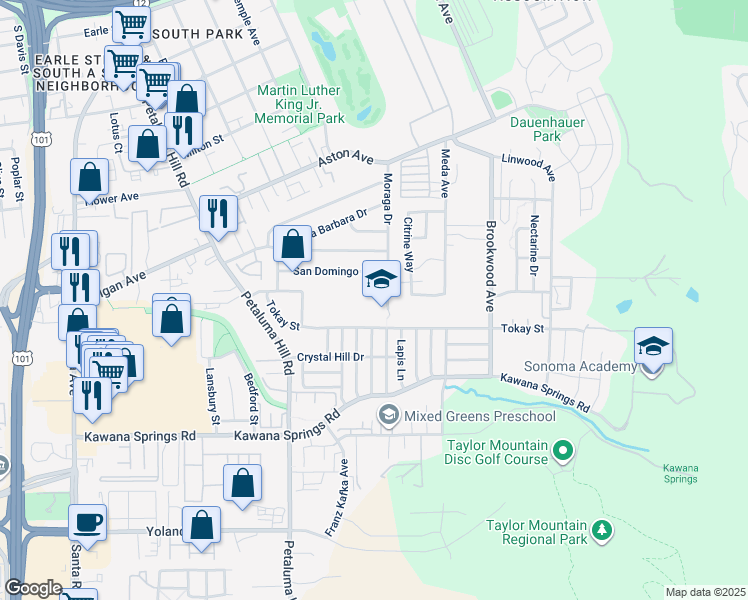 map of restaurants, bars, coffee shops, grocery stores, and more near 2121 Moraga Drive in Santa Rosa