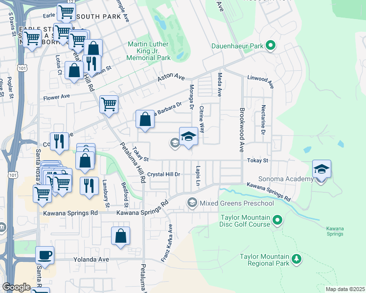map of restaurants, bars, coffee shops, grocery stores, and more near 2121 Moraga Drive in Santa Rosa