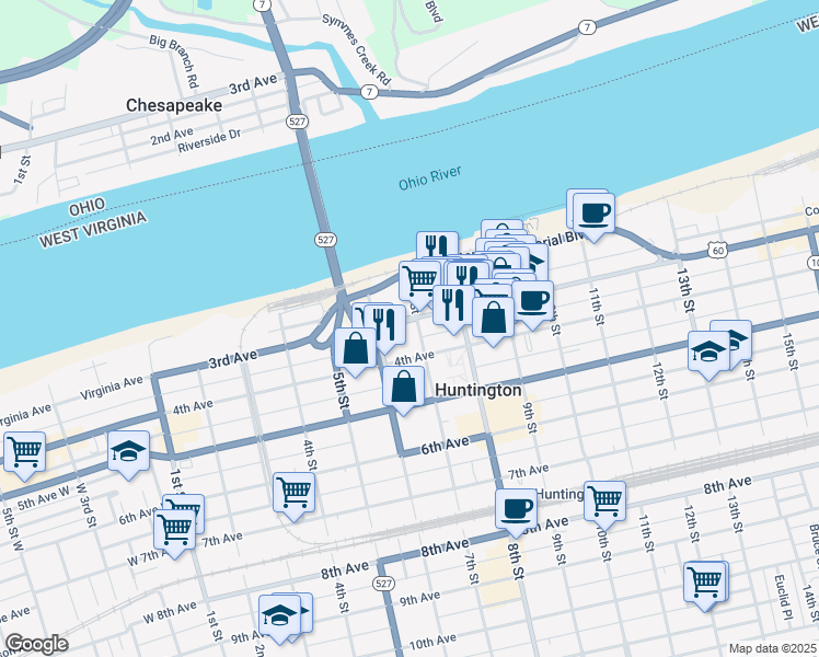 map of restaurants, bars, coffee shops, grocery stores, and more near 701 3rd Avenue in Huntington