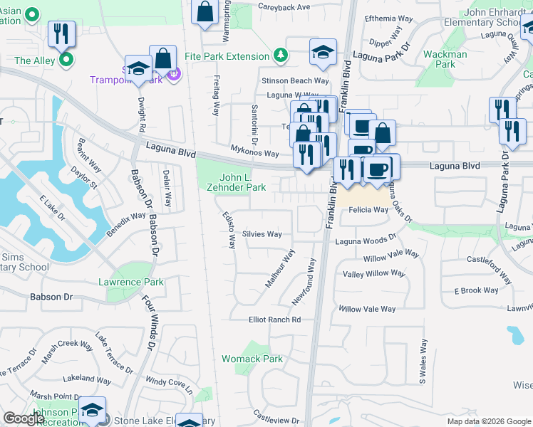 map of restaurants, bars, coffee shops, grocery stores, and more near 4508 Shenango Way in Elk Grove
