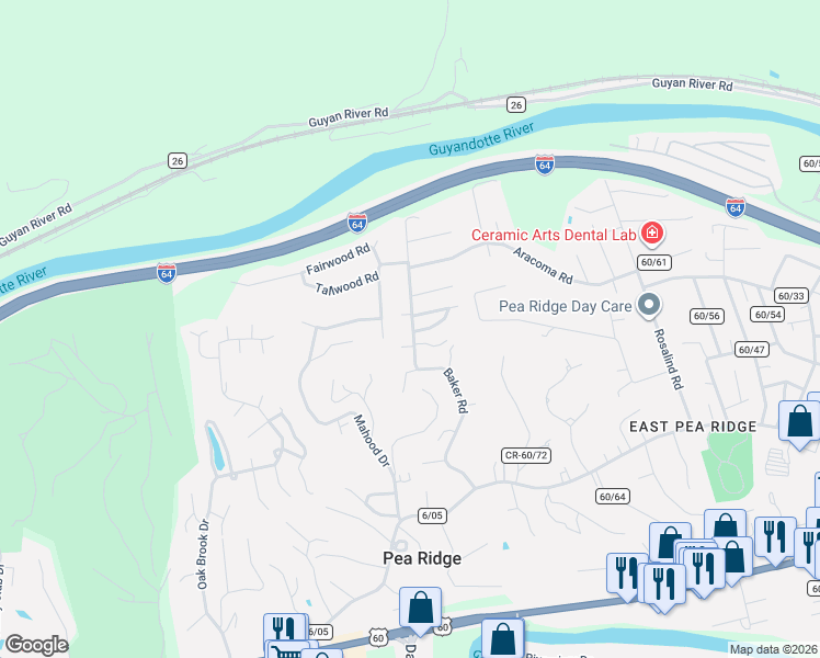 map of restaurants, bars, coffee shops, grocery stores, and more near 6104R Pineview Drive in Huntington