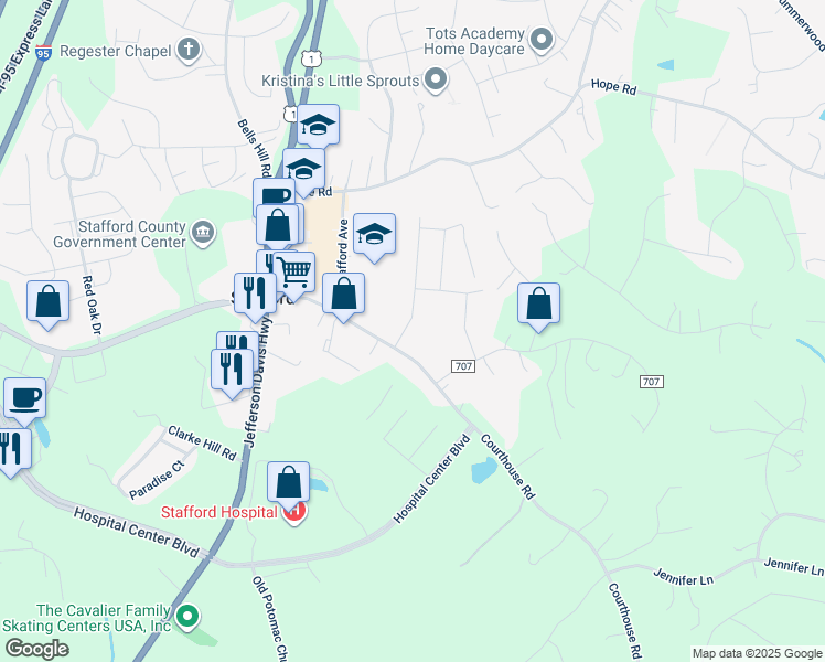 map of restaurants, bars, coffee shops, grocery stores, and more near 108 Courthouse Manor Drive in Stafford