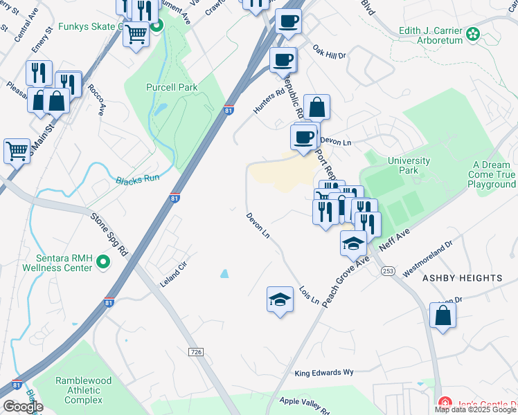 map of restaurants, bars, coffee shops, grocery stores, and more near 1566 Devon Lane in Harrisonburg