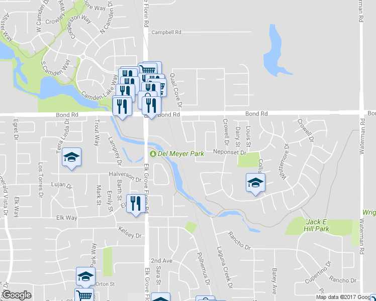 map of restaurants, bars, coffee shops, grocery stores, and more near 8961 Fife Court in Elk Grove