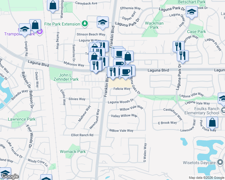 map of restaurants, bars, coffee shops, grocery stores, and more near 4954 Felicia Way in Elk Grove
