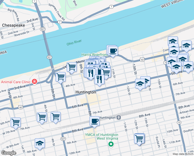 map of restaurants, bars, coffee shops, grocery stores, and more near 930 4th Avenue in Huntington