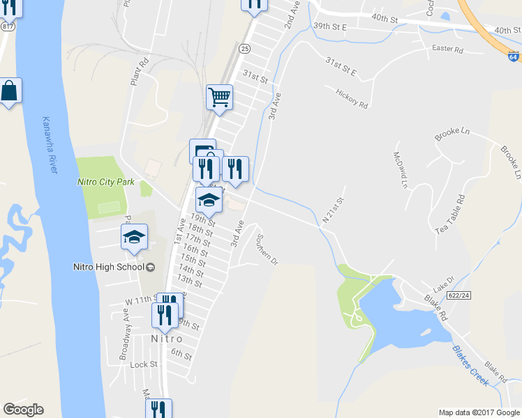 map of restaurants, bars, coffee shops, grocery stores, and more near 2108 21st St in Nitro