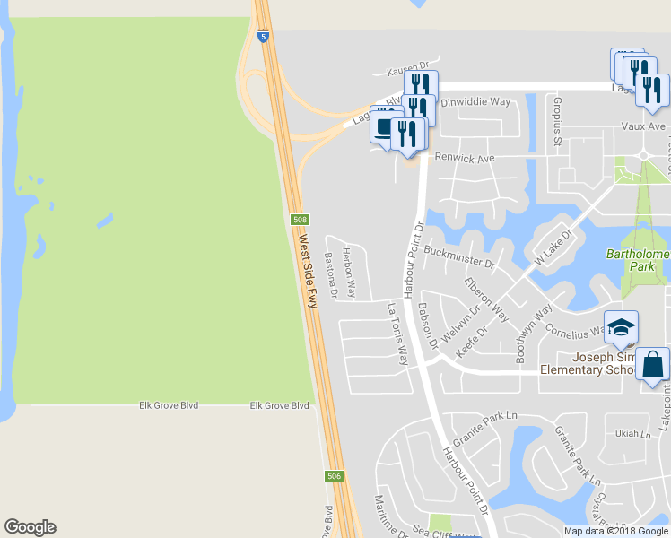 map of restaurants, bars, coffee shops, grocery stores, and more near 2017 Bastona Drive in Elk Grove