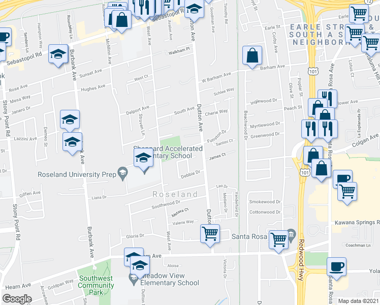 map of restaurants, bars, coffee shops, grocery stores, and more near 1588 Javore Drive in Santa Rosa