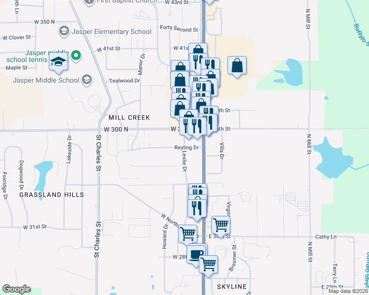 map of restaurants, bars, coffee shops, grocery stores, and more near 299 W Reyling Dr in Jasper