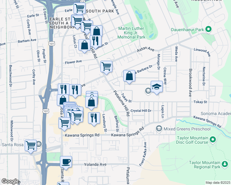 map of restaurants, bars, coffee shops, grocery stores, and more near Petaluma Hill Rd & Breeze Way in Santa Rosa