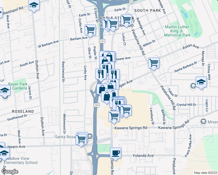 map of restaurants, bars, coffee shops, grocery stores, and more near 1711 Santa Rosa Avenue in Santa Rosa