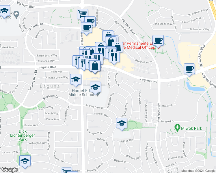 map of restaurants, bars, coffee shops, grocery stores, and more near 9277 Starfish Way in Elk Grove