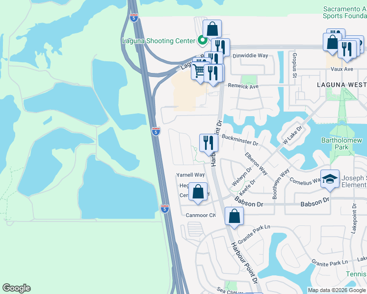 map of restaurants, bars, coffee shops, grocery stores, and more near 1725 Bastona Drive in Elk Grove
