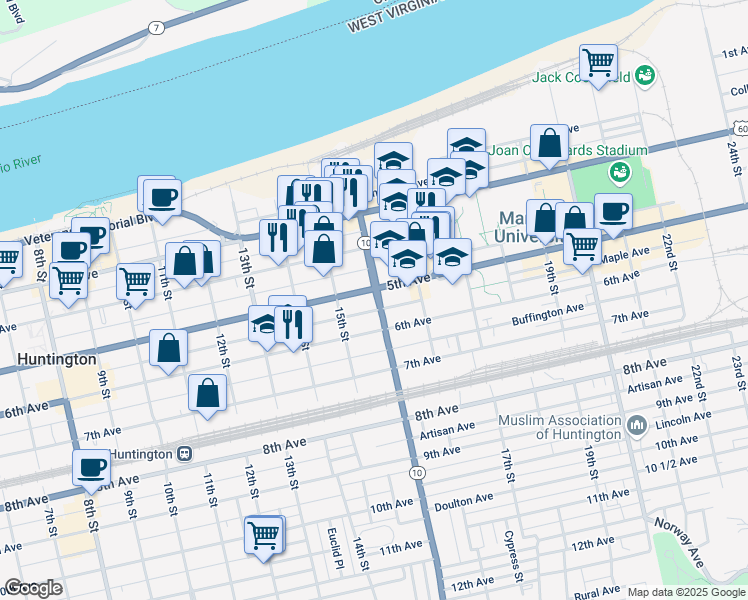 map of restaurants, bars, coffee shops, grocery stores, and more near 1601 5th Avenue in Huntington