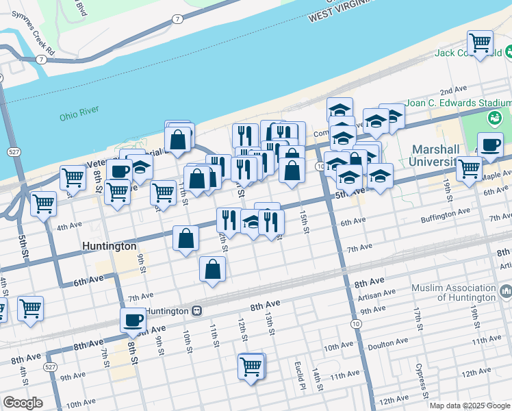 map of restaurants, bars, coffee shops, grocery stores, and more near 1326 5th Avenue in Huntington