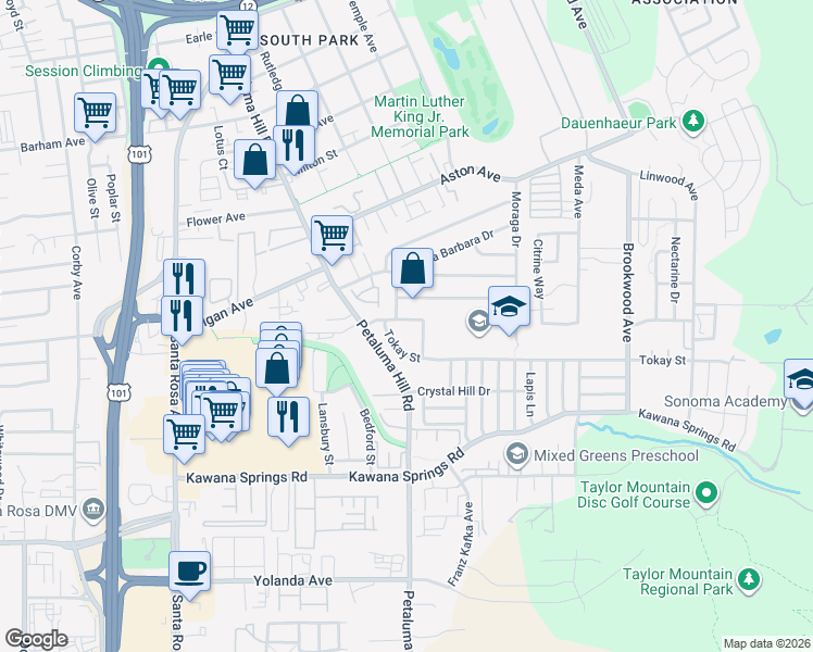 map of restaurants, bars, coffee shops, grocery stores, and more near 830 Breeze Way in Santa Rosa