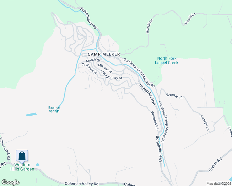 map of restaurants, bars, coffee shops, grocery stores, and more near 39 Gilson Road in Camp Meeker