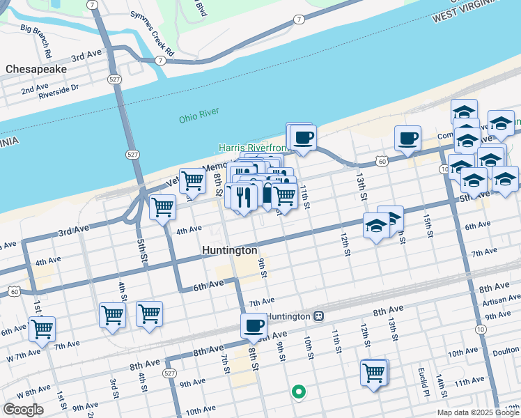 map of restaurants, bars, coffee shops, grocery stores, and more near 918 4th Avenue in Huntington