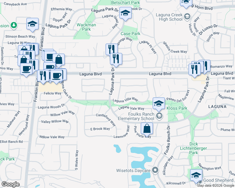 map of restaurants, bars, coffee shops, grocery stores, and more near 6328 Laguna Villa Way in Elk Grove