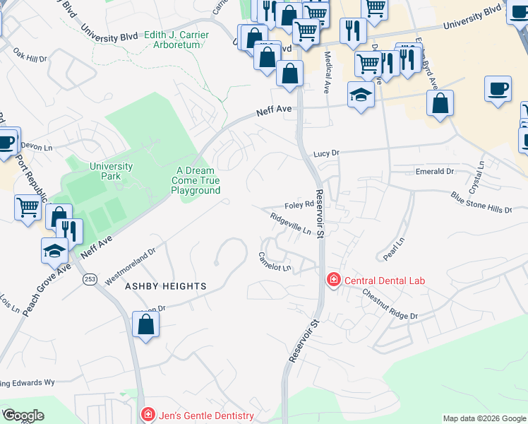 map of restaurants, bars, coffee shops, grocery stores, and more near 778 Foley Road in Harrisonburg