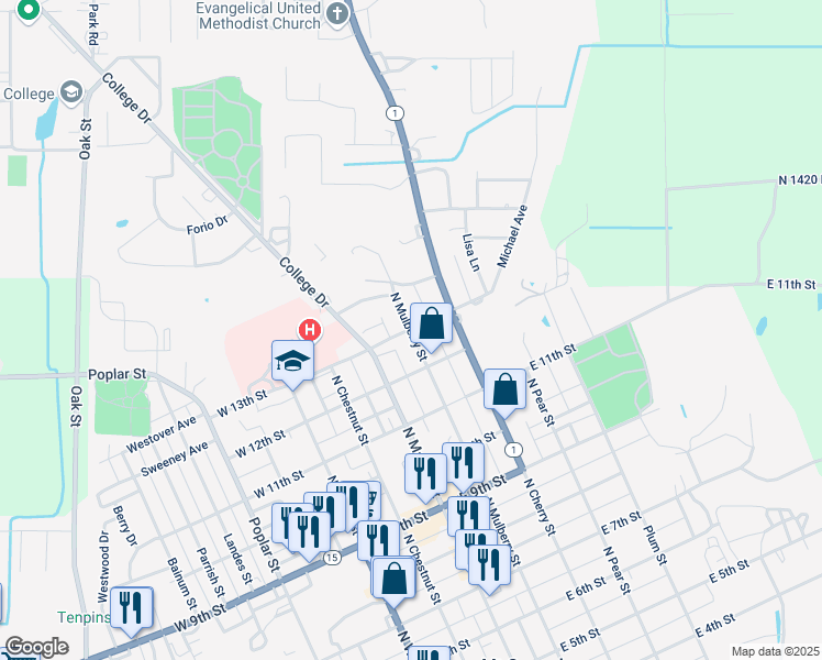 map of restaurants, bars, coffee shops, grocery stores, and more near 201 East 13th Street in Mount Carmel