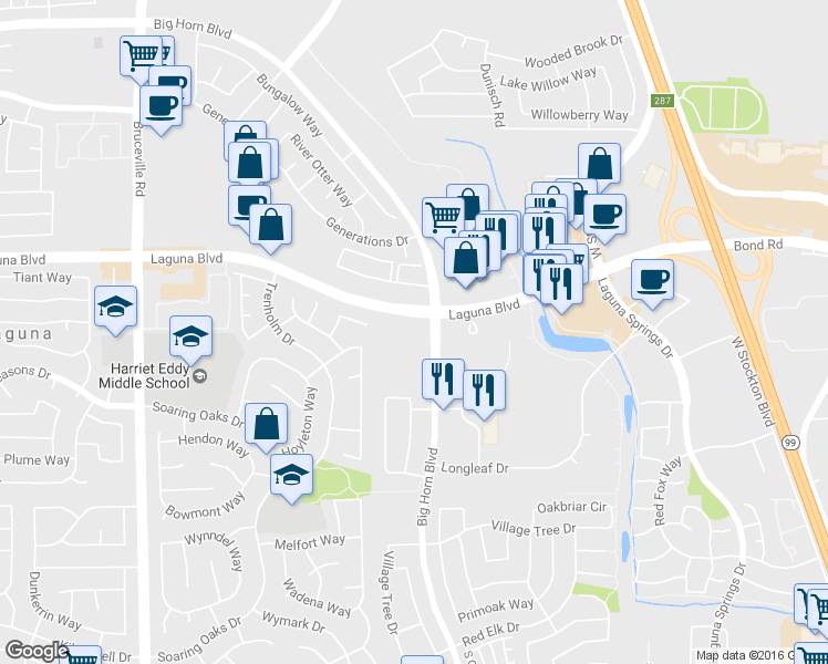 map of restaurants, bars, coffee shops, grocery stores, and more near 8150 Laguna Blvd in Elk Grove
