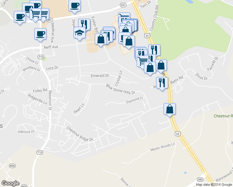 map of restaurants, bars, coffee shops, grocery stores, and more near 196 Blue Stone Hill Drive in Harrisonburg