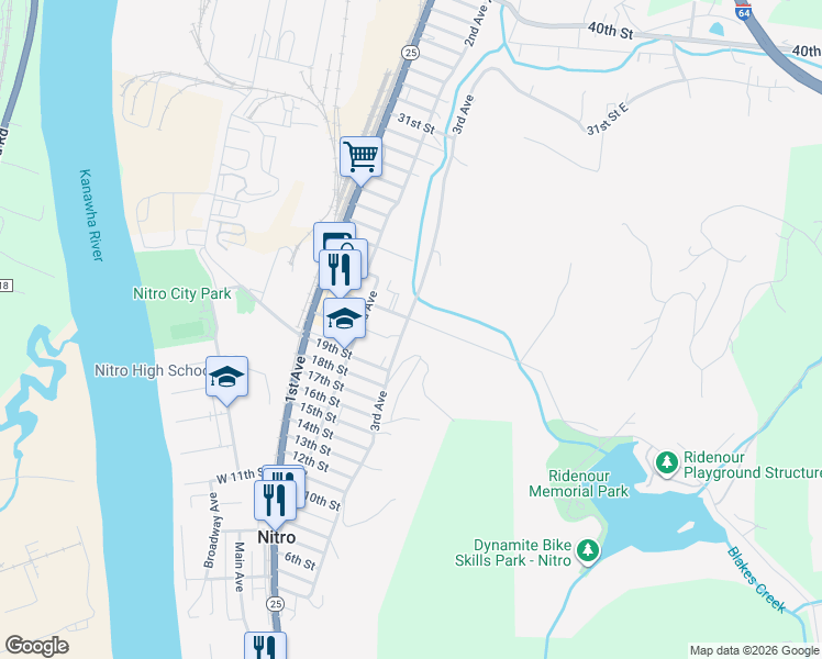 map of restaurants, bars, coffee shops, grocery stores, and more near 2108 21st Street in Nitro