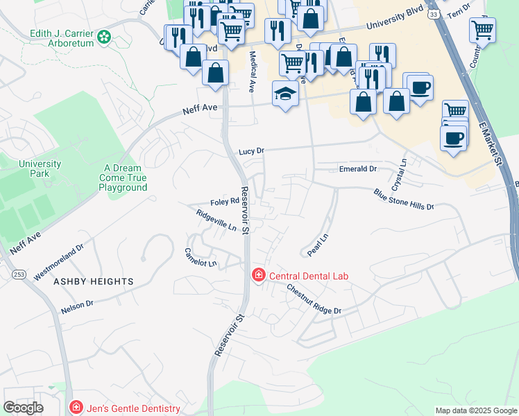 map of restaurants, bars, coffee shops, grocery stores, and more near 2312 Purple and Gold Way in Harrisonburg