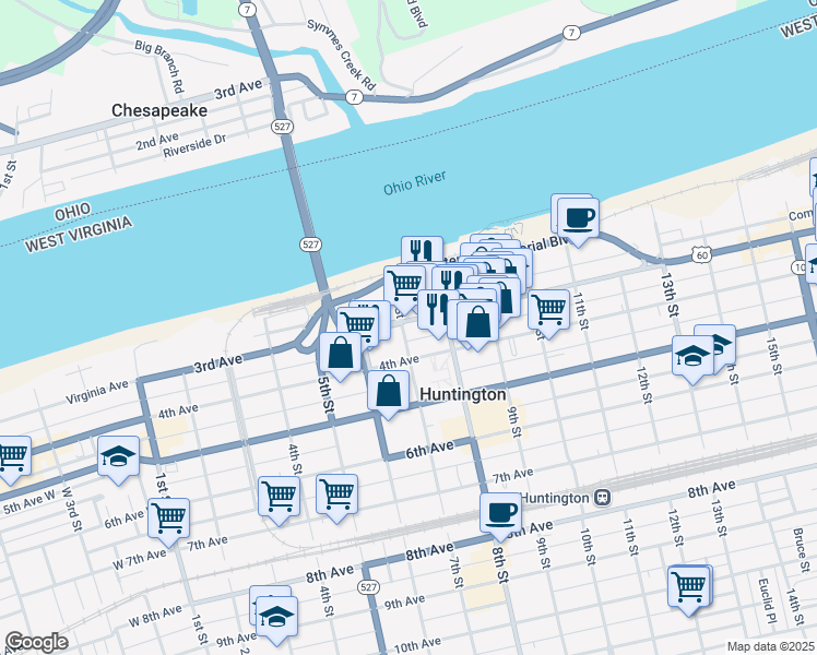 map of restaurants, bars, coffee shops, grocery stores, and more near 701 3rd Avenue in Huntington