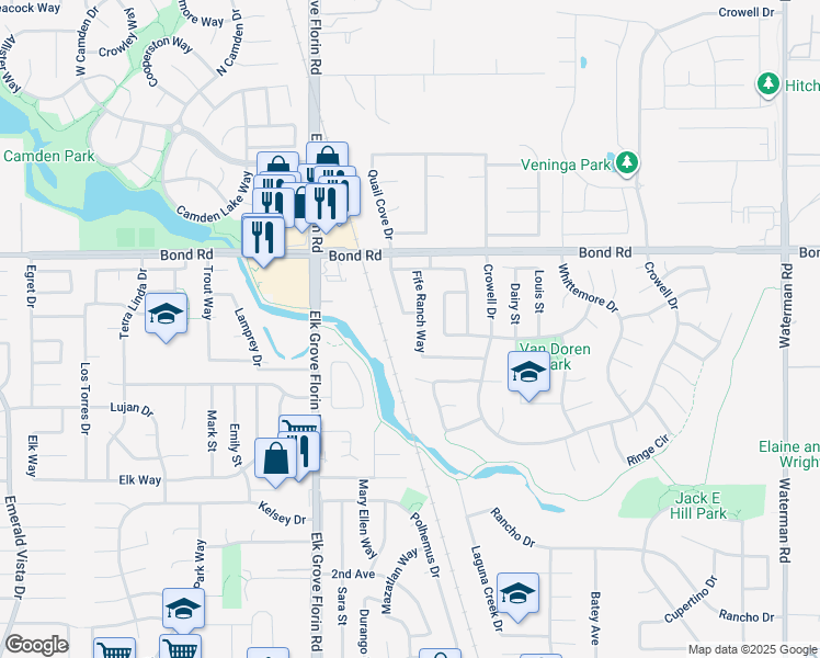 map of restaurants, bars, coffee shops, grocery stores, and more near 8961 Fife Court in Elk Grove