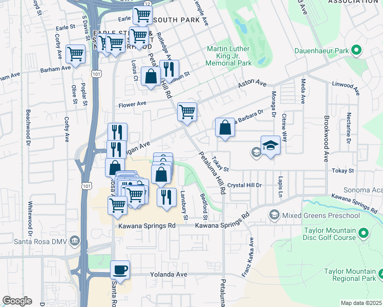 map of restaurants, bars, coffee shops, grocery stores, and more near 1777 Petaluma Hill Road in Santa Rosa