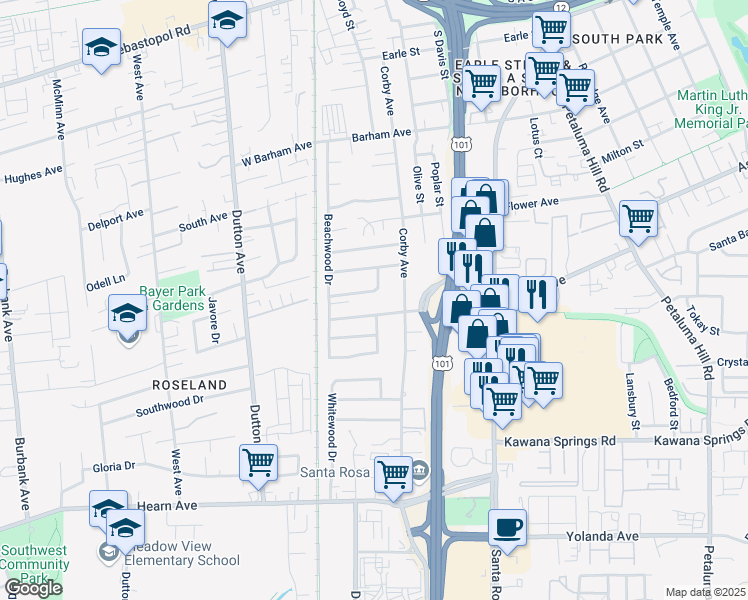 map of restaurants, bars, coffee shops, grocery stores, and more near 359 Baker Avenue in Santa Rosa