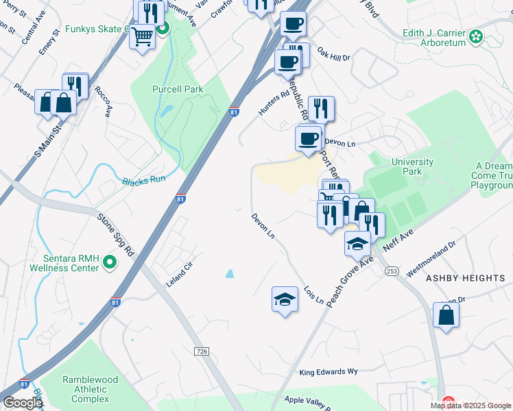 map of restaurants, bars, coffee shops, grocery stores, and more near 1566 Devon Lane in Harrisonburg