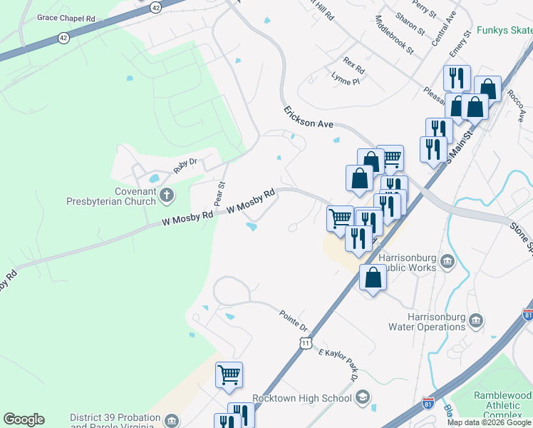 map of restaurants, bars, coffee shops, grocery stores, and more near 211 West Mosby Road in Harrisonburg