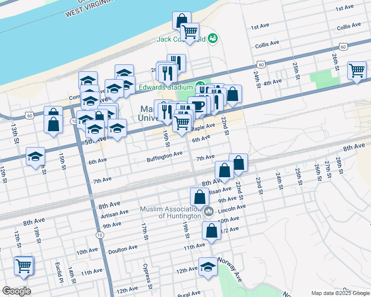 map of restaurants, bars, coffee shops, grocery stores, and more near 615 20th Street in Huntington