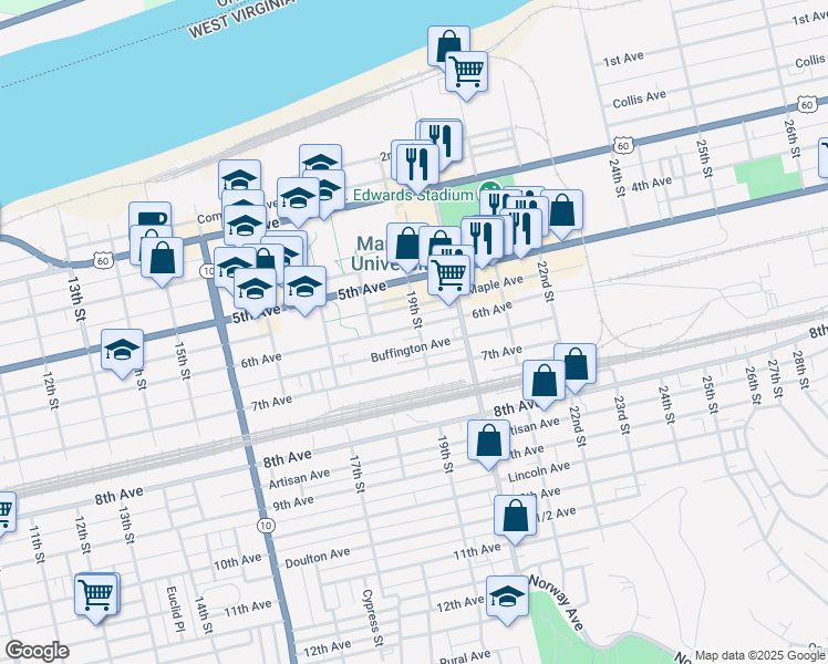 map of restaurants, bars, coffee shops, grocery stores, and more near 1902 Buffington Avenue in Huntington